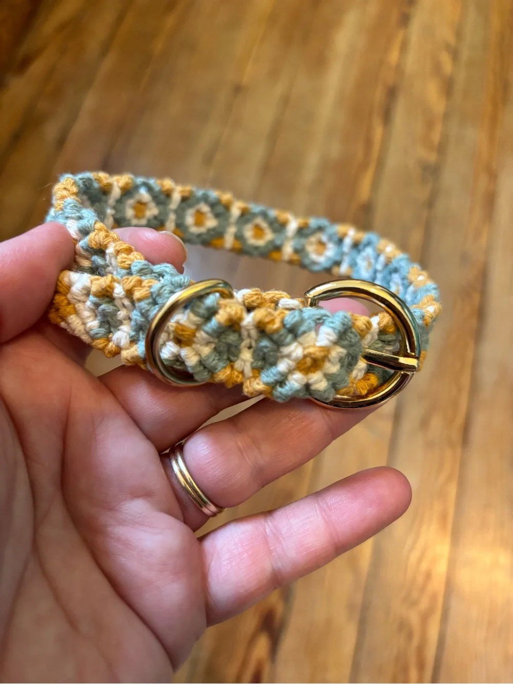 Handmade Macrame Dog Collar, Gold Hardware - Yellow & Light Blue with Daisies
